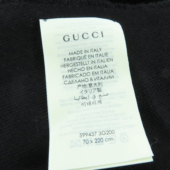 美品☆GUCCI グッチ 599437 ウール100％ ロゴ入り フリンジ付 大判 マフラー ストール ブラック 70×220cm イタリア製 レディース 正規品
