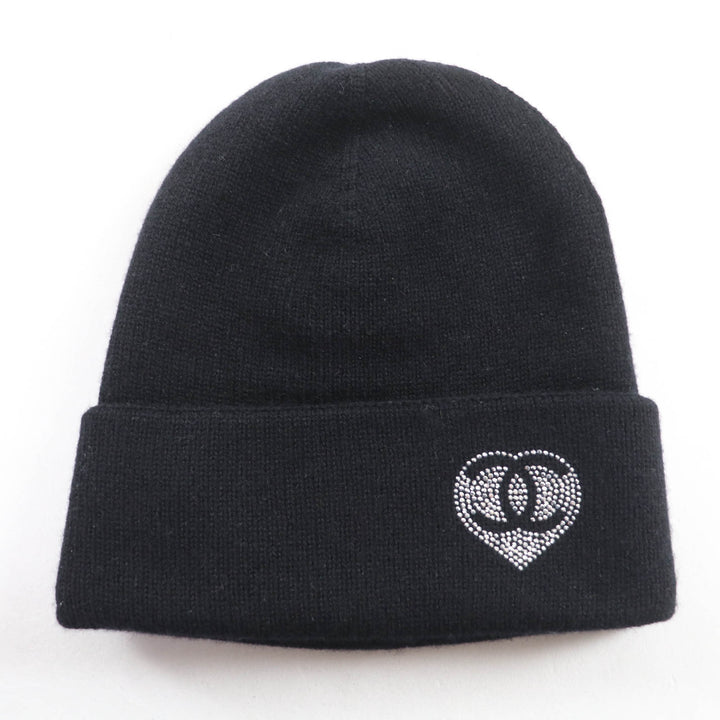 極美品★CHANEL シャネル カシミヤ100％ ココマーク ラインストーン付 ニットキャップ ブラック 箱付き イタリア製 正規品 レディース