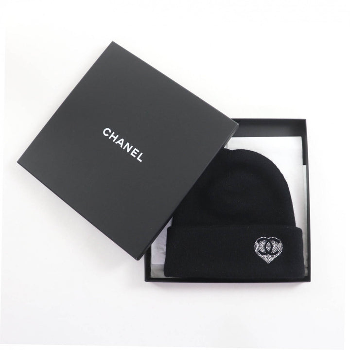 極美品★CHANEL シャネル カシミヤ100％ ココマーク ラインストーン付 ニットキャップ ブラック 箱付き イタリア製 正規品 レディース