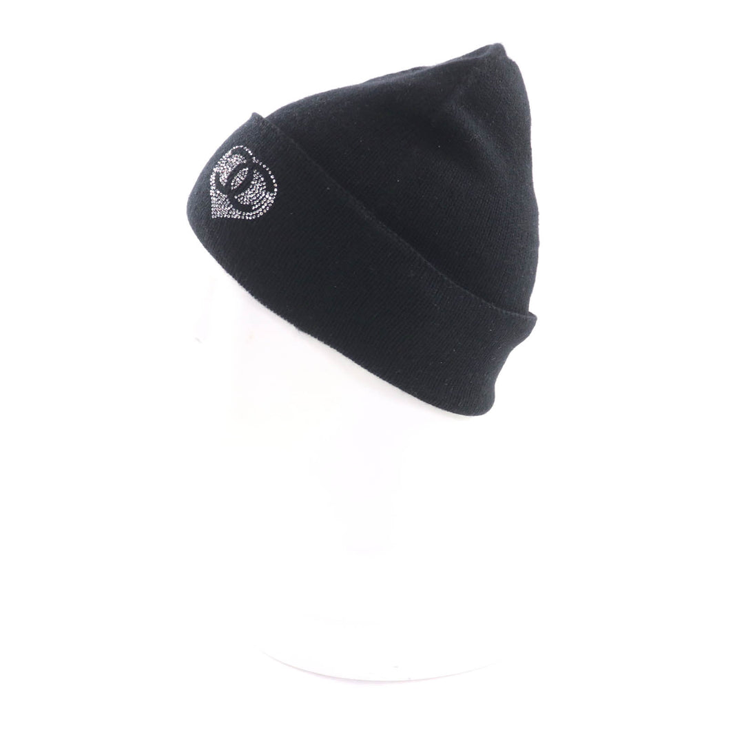 極美品★CHANEL シャネル カシミヤ100％ ココマーク ラインストーン付 ニットキャップ ブラック 箱付き イタリア製 正規品 レディース
