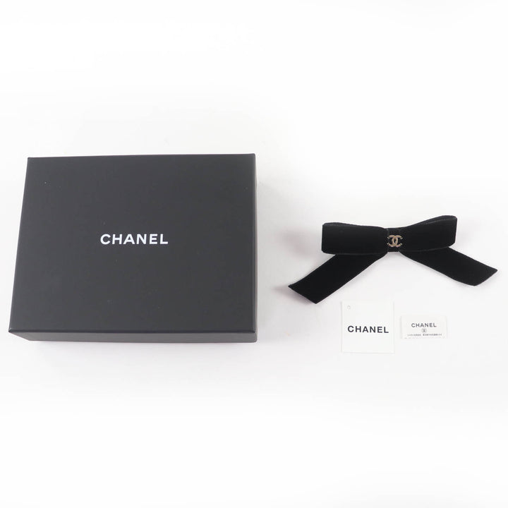 極美品☆CHANEL シャネル 22B ココマーク リボン ベロア バレッタ ヘアアクセサリー ブラック シルバー金具 箱付 イタリア製 レディース