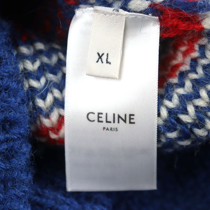 極美品○CELINE セリーヌ 22AW 2AA80628S ウール100% ロゴ刺繍 フェアアイル クルーネック ニット セーター XL イタリア製 正規品 メンズ
