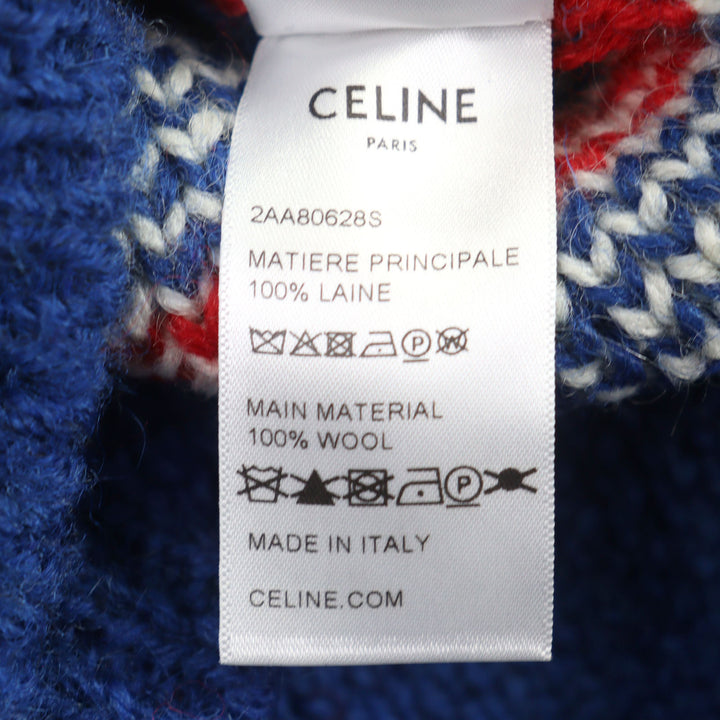 極美品○CELINE セリーヌ 22AW 2AA80628S ウール100% ロゴ刺繍 フェアアイル クルーネック ニット セーター XL イタリア製 正規品 メンズ