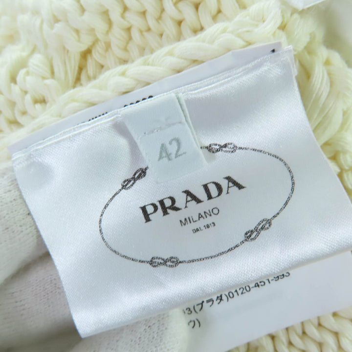極美品☆PRADA プラダ P29837 コットン100％ トライアングルロゴ ケーブル ニット ベスト アイボリー 42 イタリア製 正規品 レディース