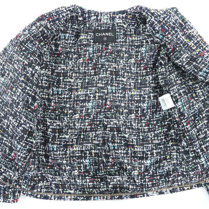 極美品△CHANEL シャネル 20C P62686 ココマークボタン フロントフリル ツイード ノーカラージャケット ネイビー マルチカラー 36 正規品