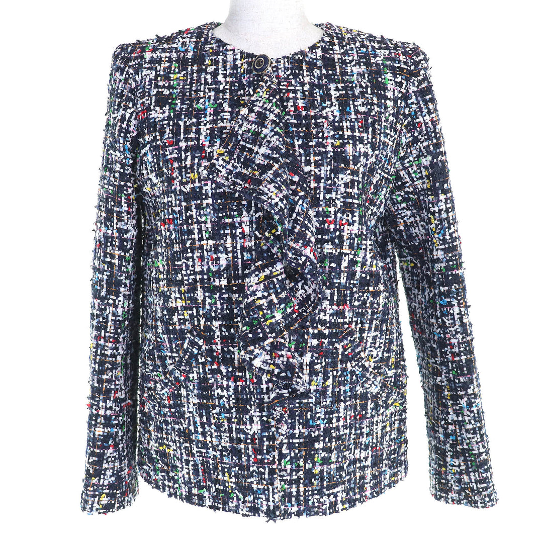 極美品△CHANEL シャネル 20C P62686 ココマークボタン フロントフリル ツイード ノーカラージャケット ネイビー マルチカラー 36 正規品