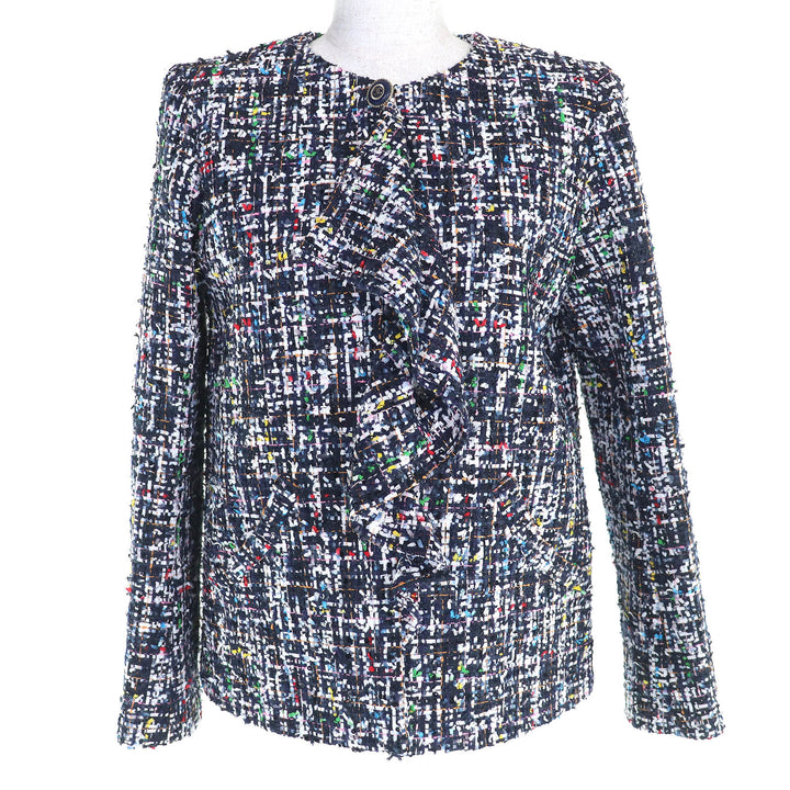 極美品△CHANEL シャネル 20C P62686 ココマークボタン フロントフリル ツイード ノーカラージャケット ネイビー マルチカラー 36 正規品