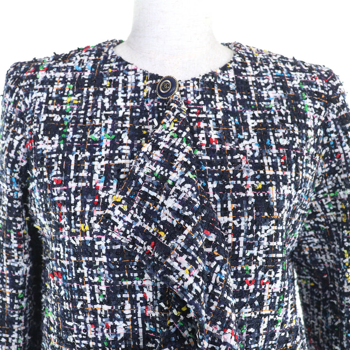 極美品△CHANEL シャネル 20C P62686 ココマークボタン フロントフリル ツイード ノーカラージャケット ネイビー マルチカラー 36 正規品