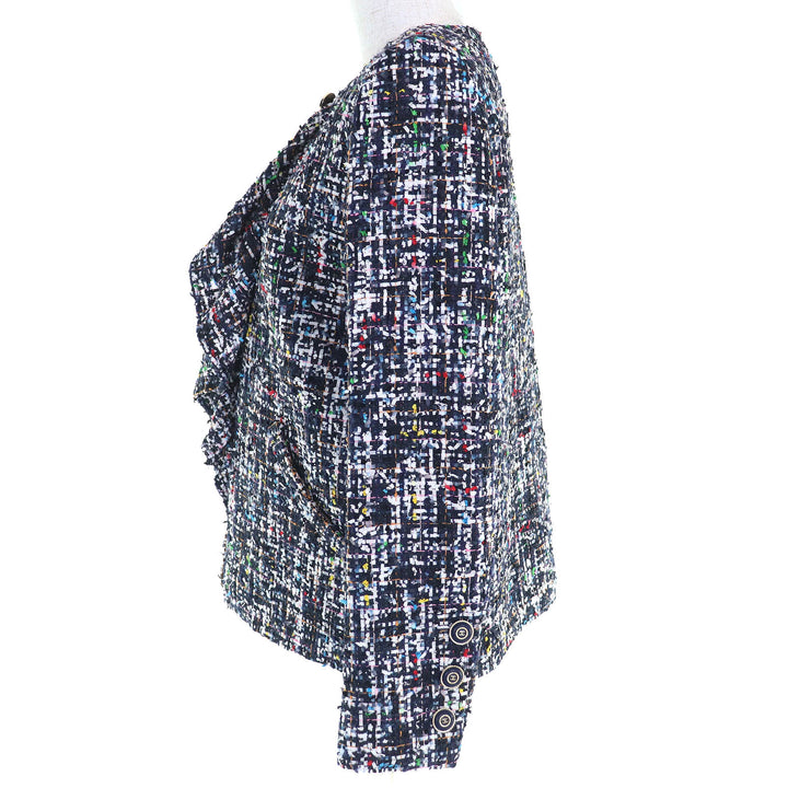 極美品△CHANEL シャネル 20C P62686 ココマークボタン フロントフリル ツイード ノーカラージャケット ネイビー マルチカラー 36 正規品
