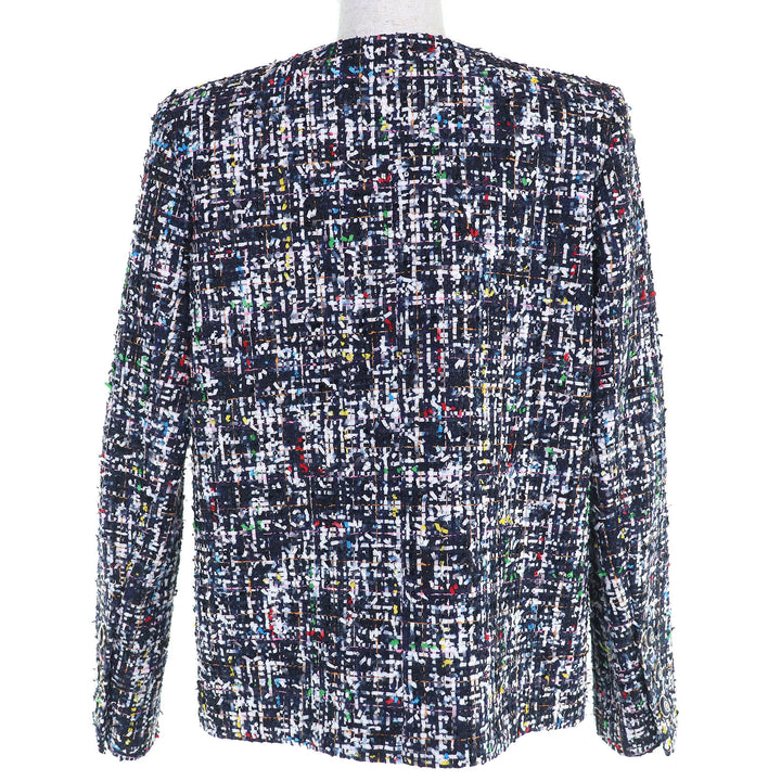 極美品△CHANEL シャネル 20C P62686 ココマークボタン フロントフリル ツイード ノーカラージャケット ネイビー マルチカラー 36 正規品