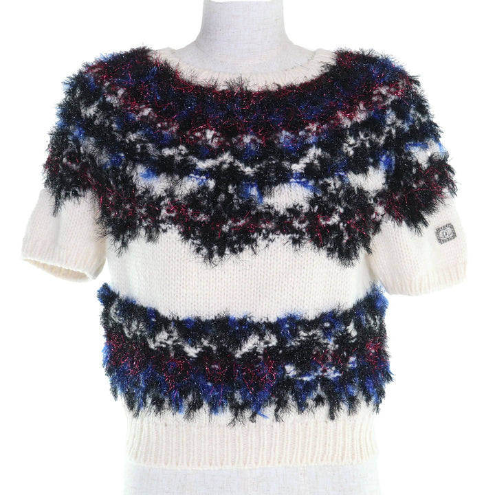 極美品◇CHANEL シャネル P71554 カシミヤ シルク混 ココマークロゴストーン付き 半袖ニット シルバー金具 38 イタリア製 レディース