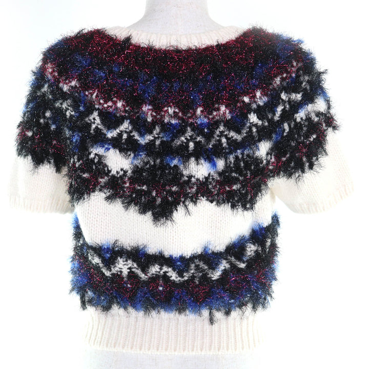 極美品◇CHANEL シャネル P71554 カシミヤ シルク混 ココマークロゴストーン付き 半袖ニット シルバー金具 38 イタリア製 レディース