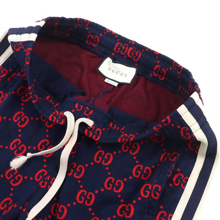 美品△GUCCI グッチ 496920 コットン100％ GGジャガード トラックパンツ スウェットパンツ ネイビー レッド S イタリア製 正規品 メンズ