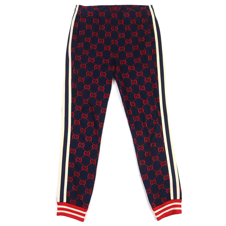 美品△GUCCI グッチ 496920 コットン100％ GGジャガード トラックパンツ スウェットパンツ ネイビー レッド S イタリア製 正規品 メンズ