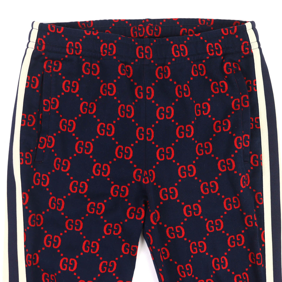 美品△GUCCI グッチ 496920 コットン100％ GGジャガード トラックパンツ スウェットパンツ ネイビー レッド S イタリア製 正規品 メンズ