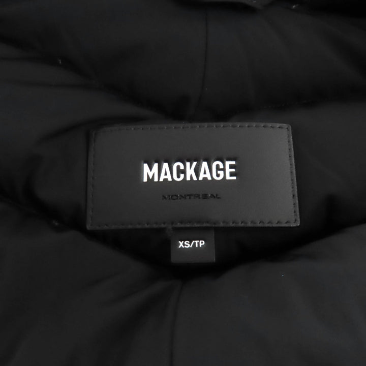 美品★MACKAGE マッカージュ FARREN レザーロゴワッペン・フード付 ZIP UP ダウンコート ダウンジャケット ブラック XS レディース