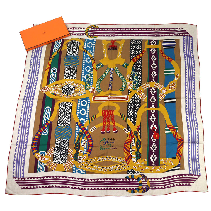 未使用品△HERMES エルメス 24SS カレジェアン 鐙の幻想 カシミヤ シルク ナチュラル/ベージュ・ドレ/マルチカラー カレ140 定価234300円