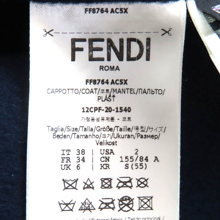 極美品△FENDI フェンディ FF8764 ウール シルク ミンクファー付き ロゴボタン ダブルブレスト ロング コート ネイビー 38 伊製 正規品