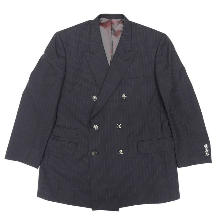 美品▲Dunhill ダンヒル ストライプ柄 エンブレムボタン付 ダブルブレスト ブレザー テーラードジャケット ネイビー Lサイズ相当 メンズ