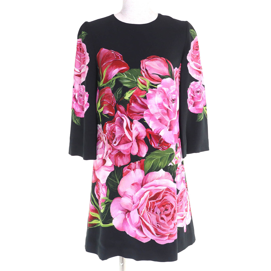 極美品△DOLCE&amp;GABBANA ドルチェ＆ガッバーナ 黒タグ ローズプリント 七分袖 ドレス ワンピース ミニ丈 ブラック ピンク 38 伊製 正規品