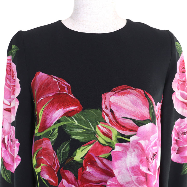 極美品△DOLCE&amp;GABBANA ドルチェ＆ガッバーナ 黒タグ ローズプリント 七分袖 ドレス ワンピース ミニ丈 ブラック ピンク 38 伊製 正規品