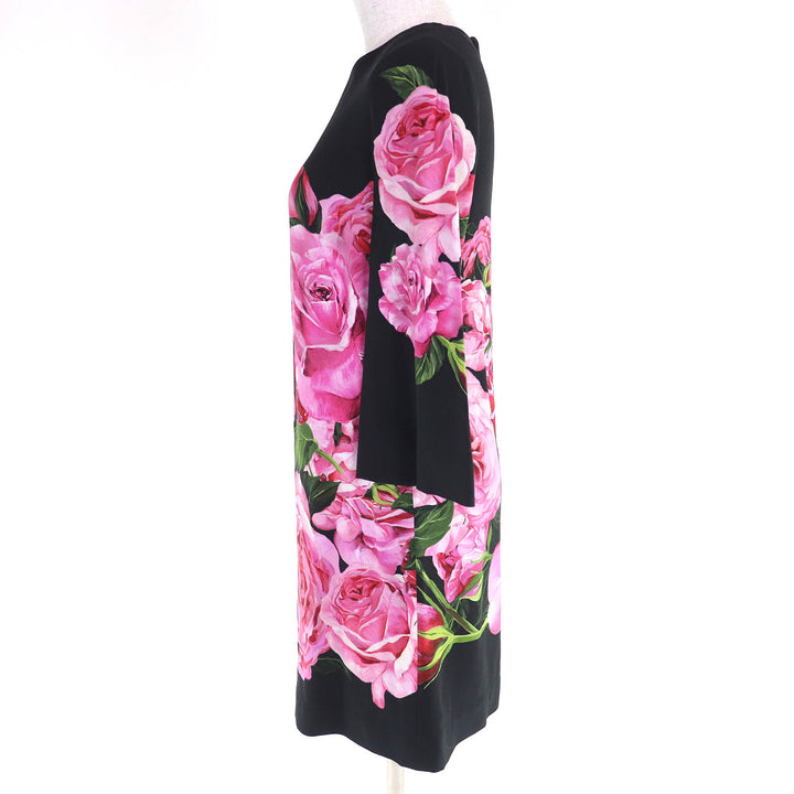 極美品△DOLCE&amp;GABBANA ドルチェ＆ガッバーナ 黒タグ ローズプリント 七分袖 ドレス ワンピース ミニ丈 ブラック ピンク 38 伊製 正規品