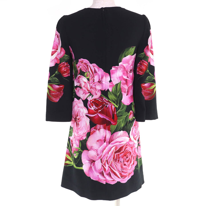 極美品△DOLCE&amp;GABBANA ドルチェ＆ガッバーナ 黒タグ ローズプリント 七分袖 ドレス ワンピース ミニ丈 ブラック ピンク 38 伊製 正規品