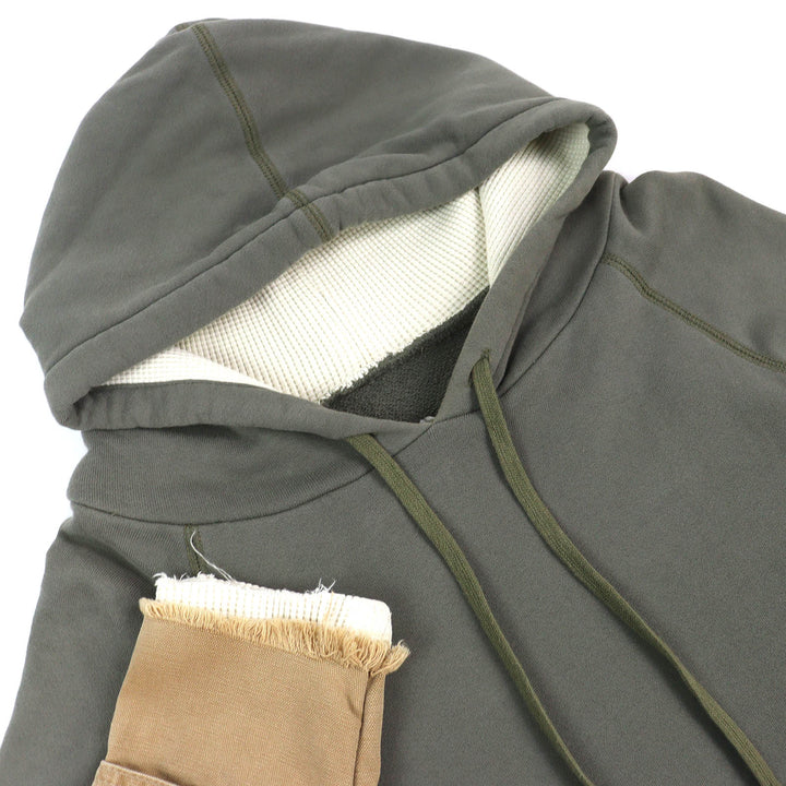 極美品△Greg Lauren グレッグローレン FRAGMENT HOODIE コットン100% ダメージ加工 再構築 ドッキング プルオーバー パーカー 3 カーキ