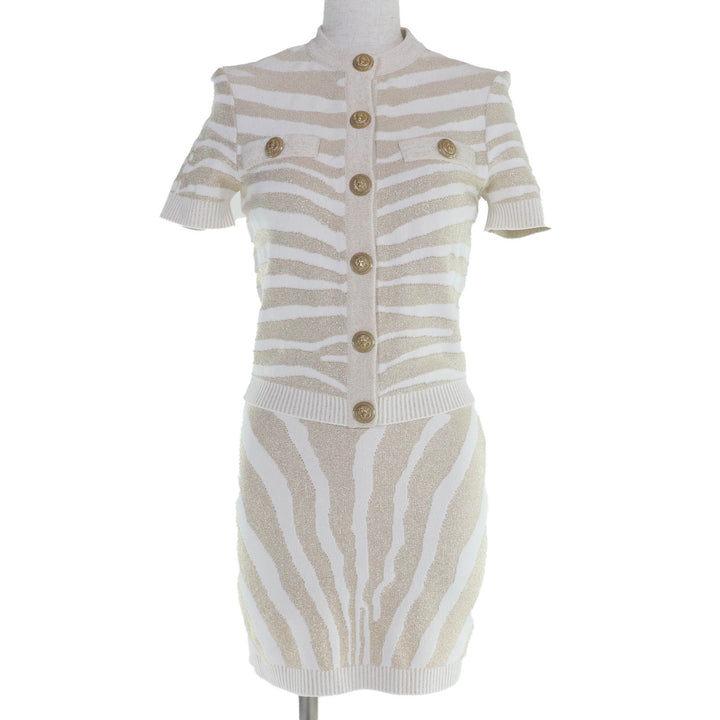 極美品☆BALMAIN バルマン KL020KD48/LB005KD48 ゼブラ柄 ニット トップス・ミニスカート セットアップ ゴールド 36・38 伊製 レディース