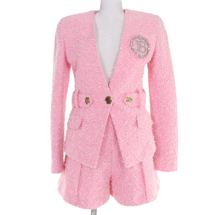 極美品☆BALMAIN バルマン SI150CA00/PA087C320 ラインストーン リボンツイード ジャケット・ショートパンツ セットアップ ピンク 34