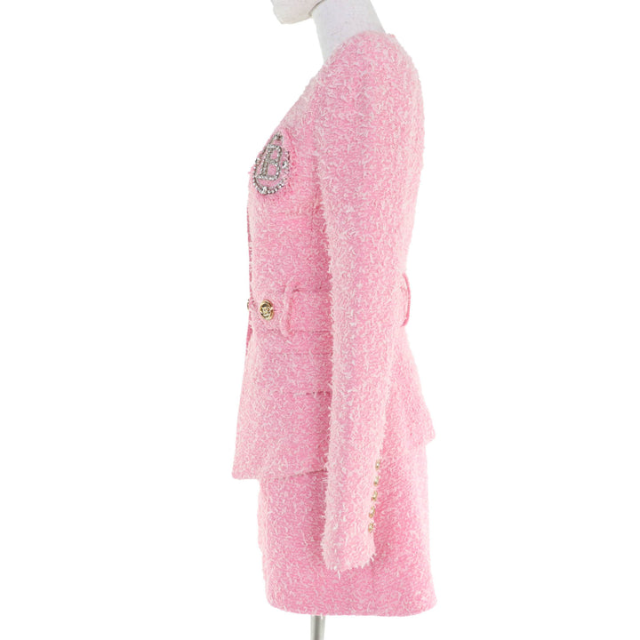 極美品☆BALMAIN バルマン SI150CA00/PA087C320 ラインストーン リボンツイード ジャケット・ショートパンツ セットアップ ピンク 34
