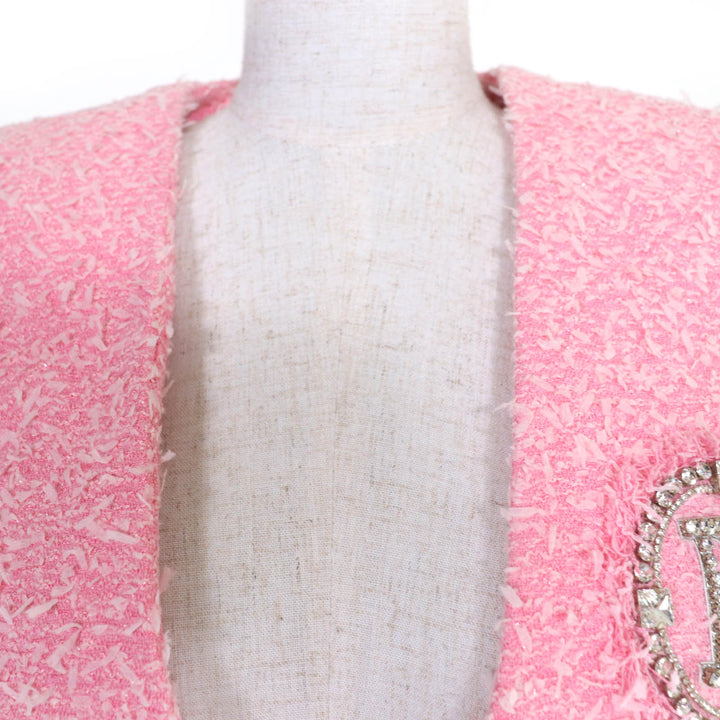 極美品☆BALMAIN バルマン SI150CA00/PA087C320 ラインストーン リボンツイード ジャケット・ショートパンツ セットアップ ピンク 34