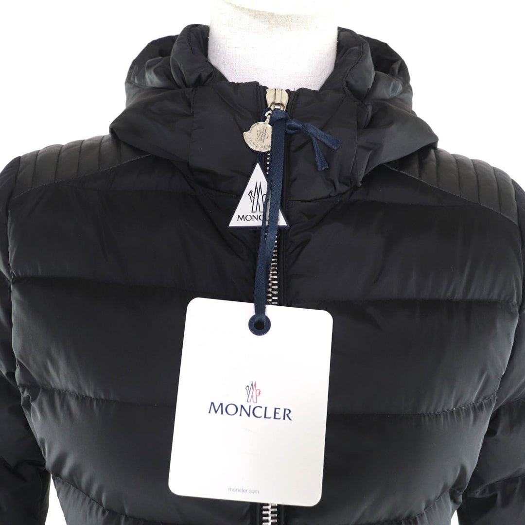 極美品★MONCLER モンクレール OROPHIN フード・ロゴワッペン付 レザー使い ZIP UP ダウンコート ブラック 0 ガーメント付き レディース