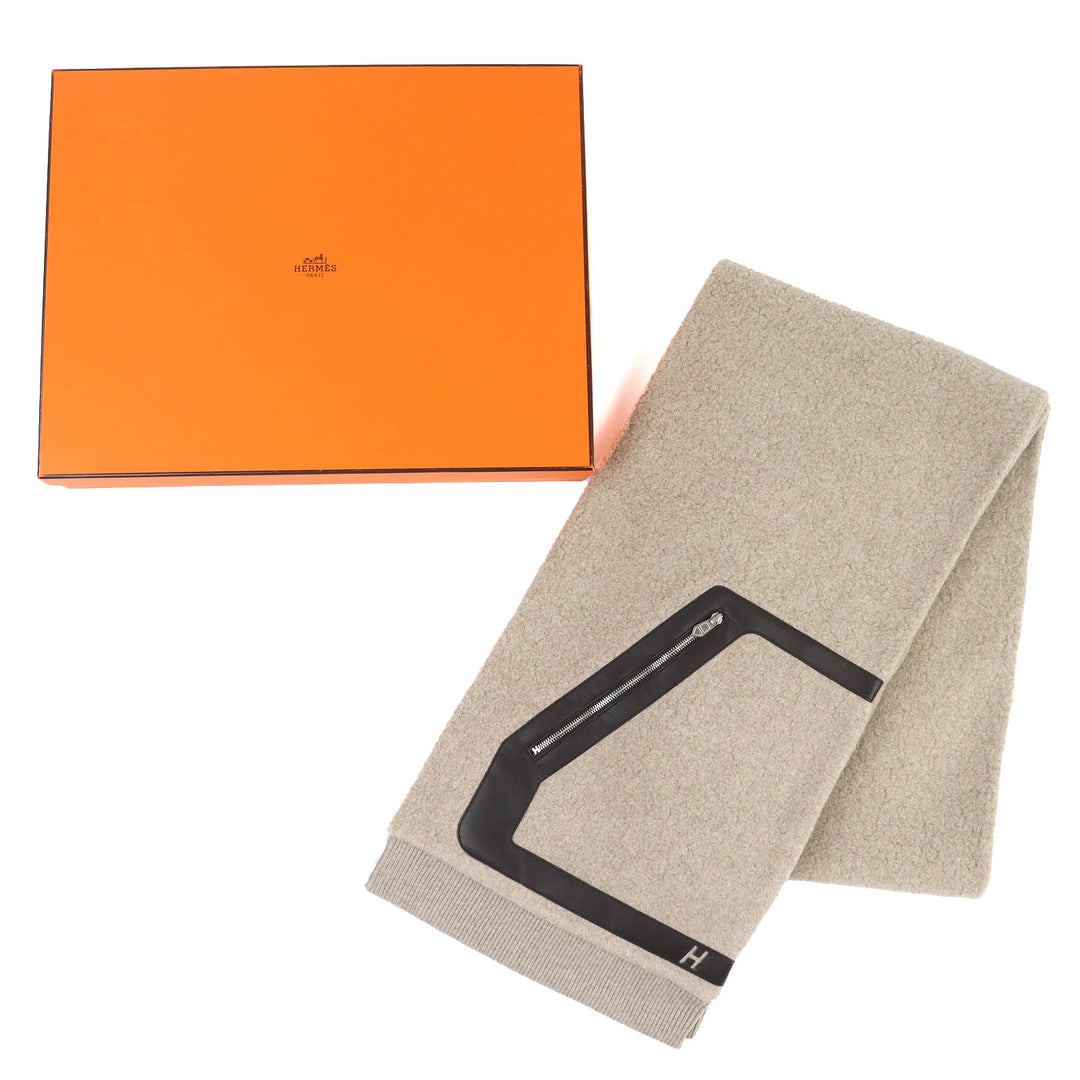 未使用品△HERMES エルメス H394076T テディ・ポケット ウール カシミヤ ラムスキン Hロゴ ストール マフラー ユニセックス 正規品 箱付