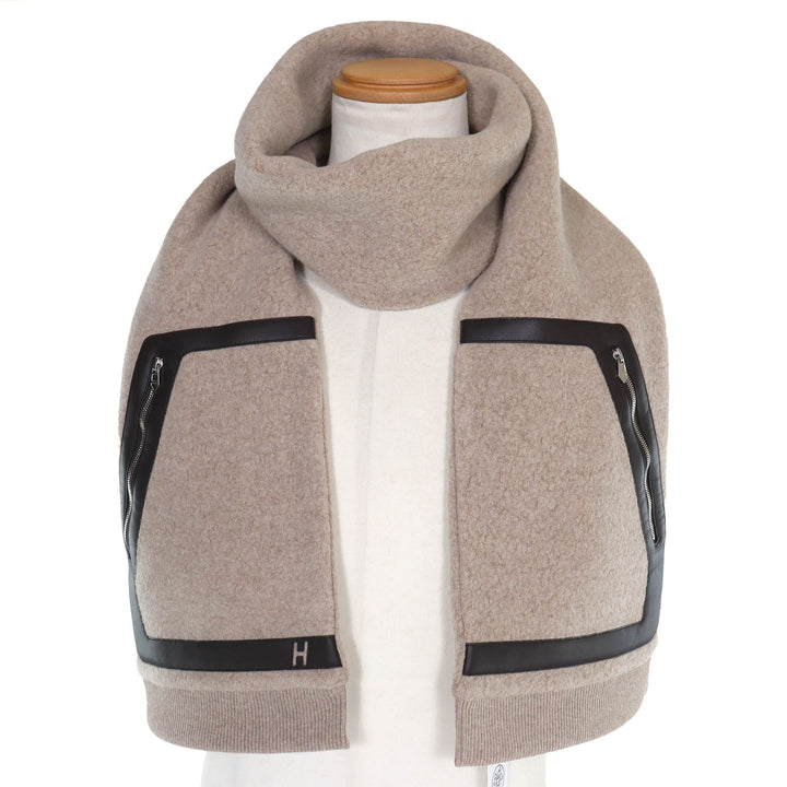 未使用品△HERMES エルメス H394076T テディ・ポケット ウール カシミヤ ラムスキン Hロゴ ストール マフラー ユニセックス 正規品 箱付