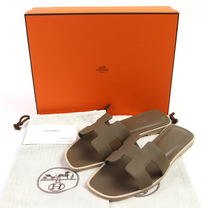 未使用品△HERMES エルメス オラン トゥープ Hロゴ レザー フラット サンダル ミュール 37 箱・保存袋付き イタリア製 レディース