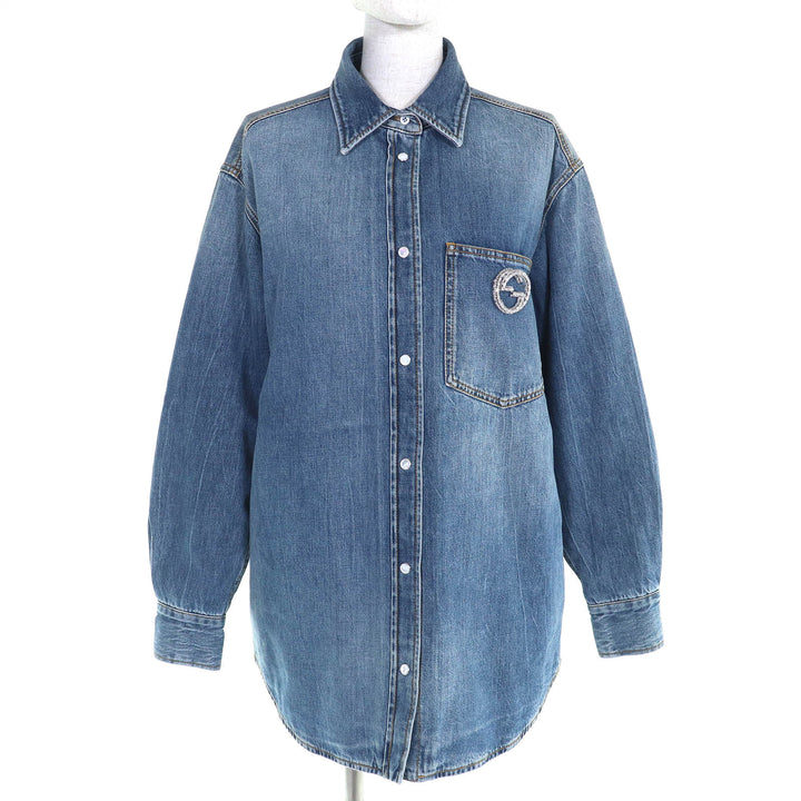 極美品△GUCCI グッチ 24SS 772882 コットン100％ インターロッキングGブローチ 中綿入り 長袖 デニムシャツ インディゴブルー 38 正規品