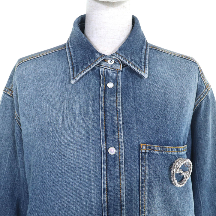 極美品△GUCCI グッチ 24SS 772882 コットン100％ インターロッキングGブローチ 中綿入り 長袖 デニムシャツ インディゴブルー 38 正規品