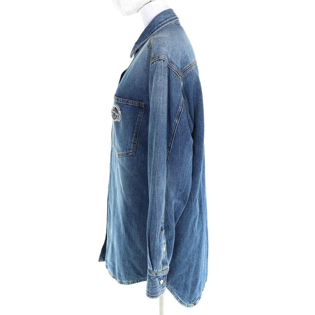 極美品△GUCCI グッチ 24SS 772882 コットン100％ インターロッキングGブローチ 中綿入り 長袖 デニムシャツ インディゴブルー 38 正規品