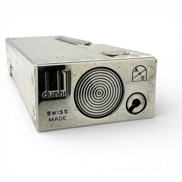 良品▲Dunhill ダンヒル スクエア ロゴ刻印 総柄 ローラー式 喫煙具 ガス ライター シルバー スイス製 メンズ 着火確認済み