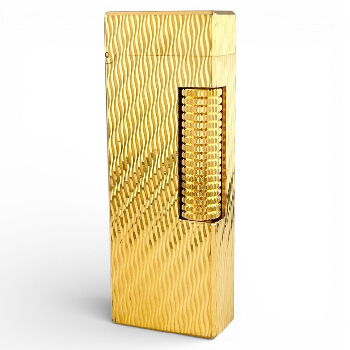 良品▲Dunhill ダンヒル ウェーブ柄 スクエア ローラー式 喫煙具 ガス ライター ゴールド スイス製 メンズ 着火確認済み