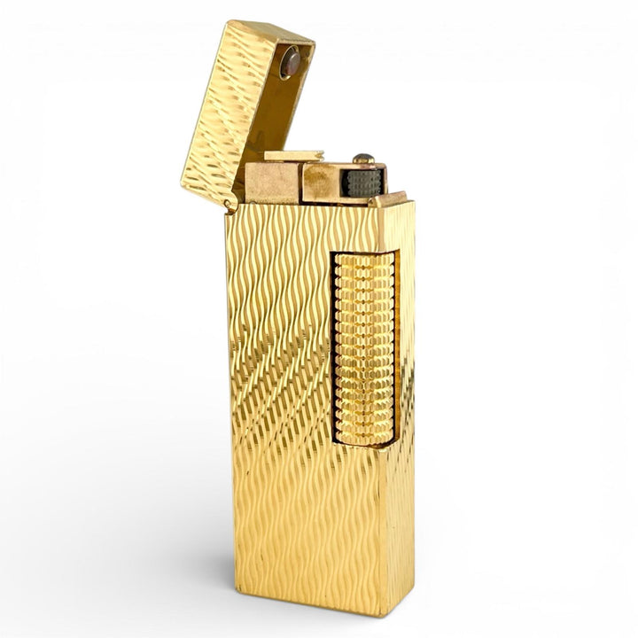 良品▲Dunhill ダンヒル ウェーブ柄 スクエア ローラー式 喫煙具 ガス ライター ゴールド スイス製 メンズ 着火確認済み