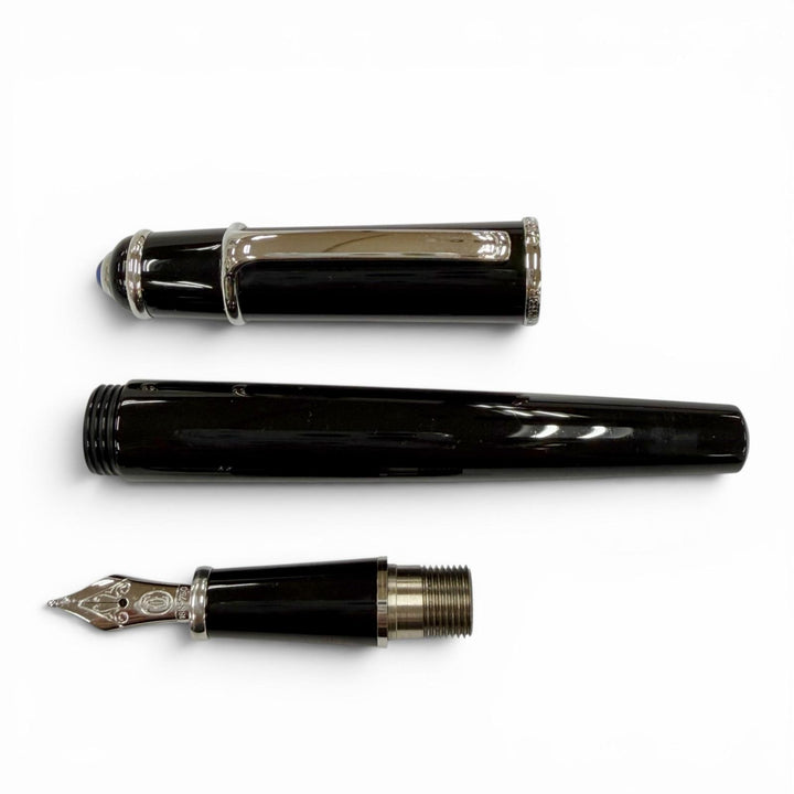美品◇Cartier カルティエ ディアボロ ドゥ カルティエ 18K ブルージェムストーン Mニブ 万年筆 ブラック シルバー フランス製 箱付き
