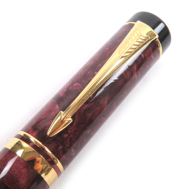 美品□PARKER パーカー ヴィンテージ デュオフォールド 18K Fニブ センテニアル 旧型 万年筆 マーブルレッド ゴールド ケース付き メンズ