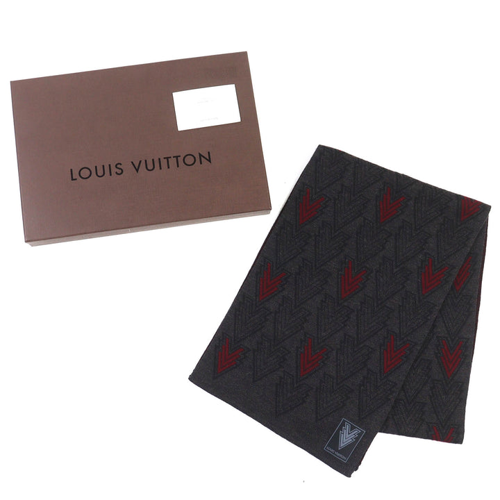 良品△LOUIS VUITTON ルイヴィトン 2015年 M70032 ウール100％ エシャルプ トリプルV マフラー ダークグレー ボルドー イタリア製 正規品