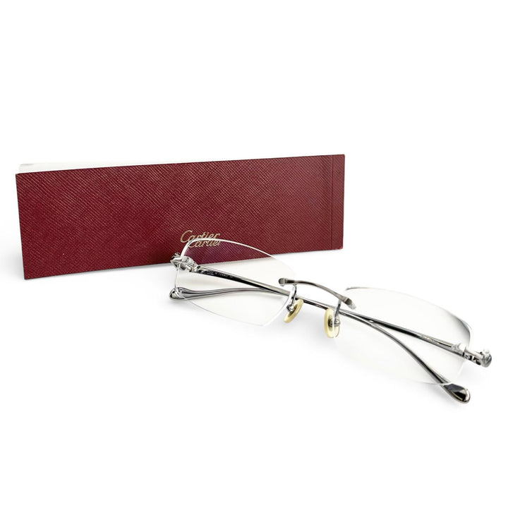 極美品▲Cartier カルティエ パンテール ヘアライン ツーポイント リムレス メガネ 眼鏡 アイウェア シルバー □18 135 度入り 仏製