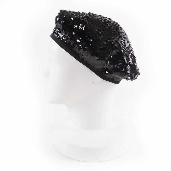 美品☆CHANEL シャネル 17C ココマーク 裏地シルク100％ スパンコール ベレー帽 ブラック M フランス製 レディース