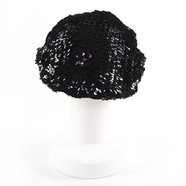 美品☆CHANEL シャネル 17C ココマーク 裏地シルク100％ スパンコール ベレー帽 ブラック M フランス製 レディース