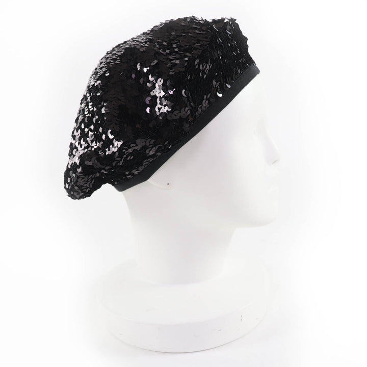 美品☆CHANEL シャネル 17C ココマーク 裏地シルク100％ スパンコール ベレー帽 ブラック M フランス製 レディース