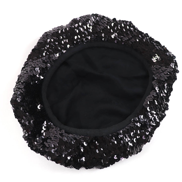 美品☆CHANEL シャネル 17C ココマーク 裏地シルク100％ スパンコール ベレー帽 ブラック M フランス製 レディース